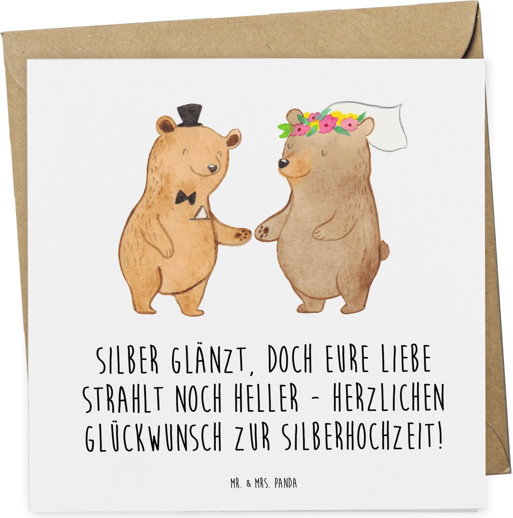 Mr. & Mrs. Panda Grußkarte 25. Hochzeitstag Silberne Hochzeit - Weiß - Geschenk, Klappkarte, doppelkarte, Liebe strahlt heller, Meilenstein, 25 J...