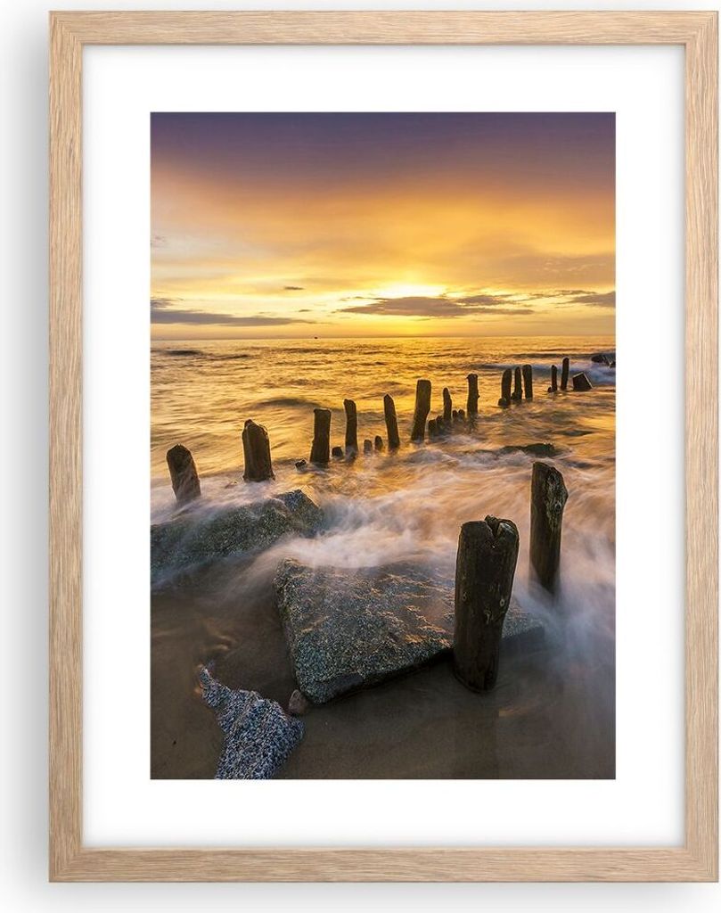 Gerahmtes Poster - Rahmen in heller Eiche - baltisch meer Mole Landschaft - 30x40 cm - Wand Bild - Wanddeko - Wandbilder - Wandposter - Bilderrahme...
