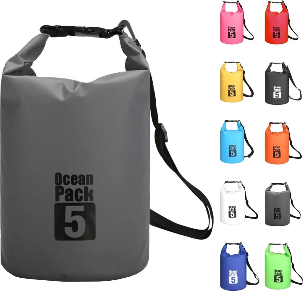 Sac étanche 5L gris avec bandoulière réglable pour activités nautiques