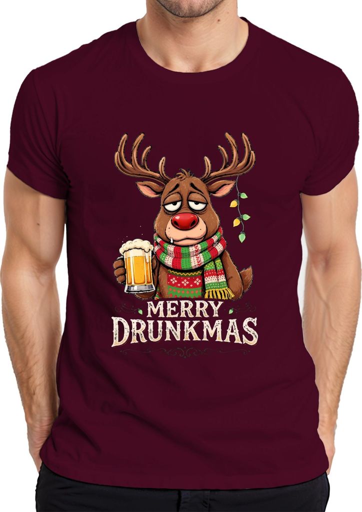 Merry Drunkmas Rentier Bier Weihnachten lustig Geschenk Retro Herren T-Shirt, Burgundy, L