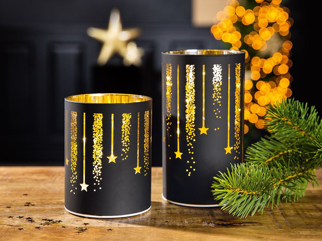 Gilde LED-Leuchter Sternenregen, Windlicht, Dekoration, mit Timer, Glas, Schwarz / Gold, H 13 cm, 50857