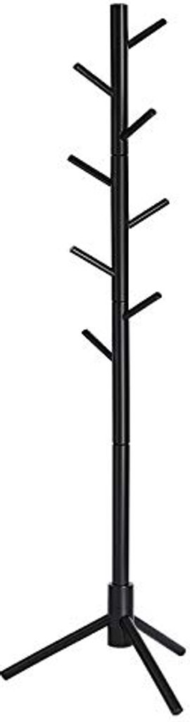 A black coat rack with a tripod base and multiple branches for hanging items.