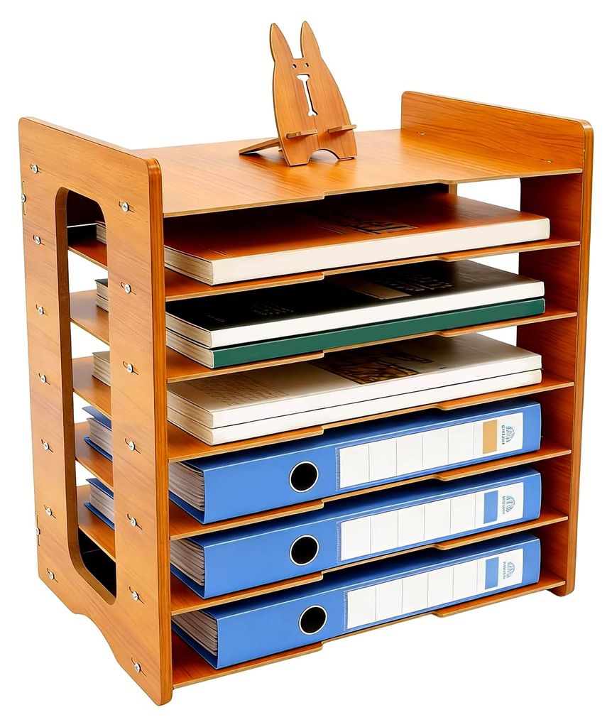 7-Etagen Dokumentenablage aus Holz, stapelbare Ablagefächer für Schreibtischzubehör, Schreibtisch Organizer 36x25x38,5cm, modern und platzsparend