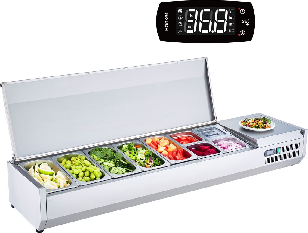 VEVOR Gekühlte Gewürzstation Für Die Arbeitsplatte – 3x1/3 + 4x1/6 GN-Behälter, Edelstahl 304, Glasschutz, Digitalregelung