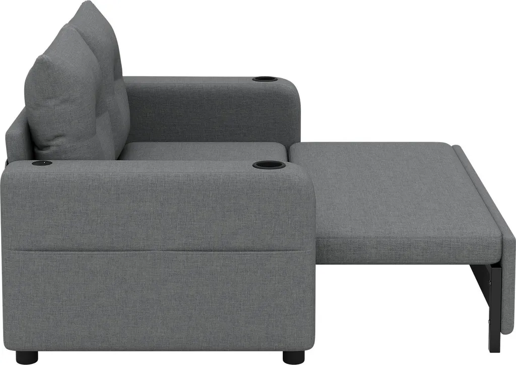 Canapé-lit Double Gris avec Coussin de Support et Porte-gobelet Intégré - 9