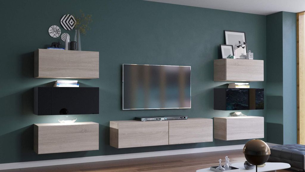 Furnitech Wohnwand Wohnzimmer - Wohnzimmer Möbel mit LED Weiß - Hängend Wohnwand Modern - Wohnzimmer Schrankwand mit Regale und TV Schrank (Henr...