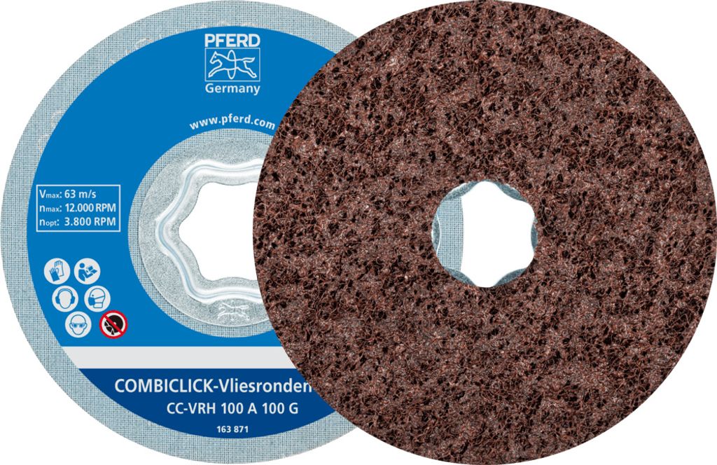 PFERD TOOLS COMBICLICK harte Vliesronde CC Ø 100mm A100G für Feinschliff und Finish mit Winkelschleifer