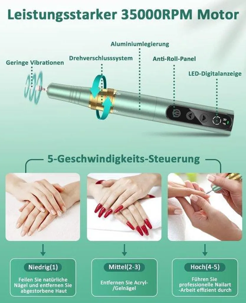 Ponceuse ongle professionnelle sans fil 30 000 tr/min - Lime gel