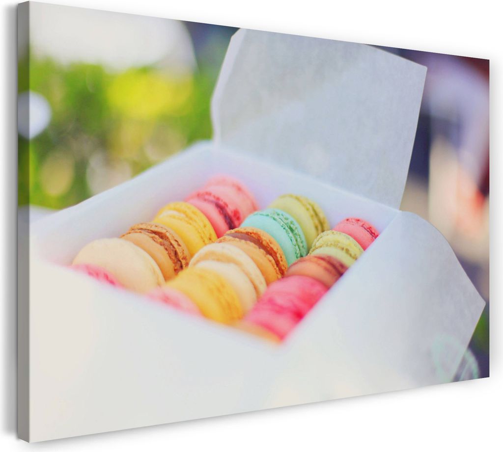 Leinwandbild (100x70cm): Wandbild Küchendeko bunte Macarons in weißer Schachtel, echter Holz-Keilrahmen inkl. Aufhänger, handgefertigt in Deutsc...