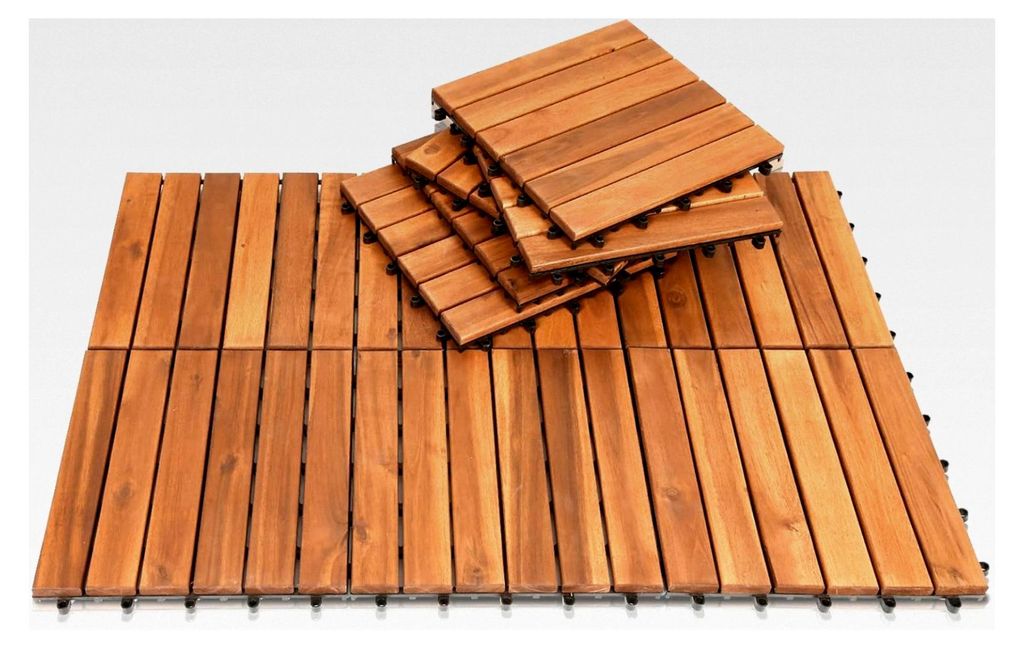 11er Set Holzfliesen aus Akazienholz, 6 Latten Fliese 30x30 cm - 1 m². Balkonfliesen für Balkon, Garten und Terrasse | einfach, schnell und prakt...