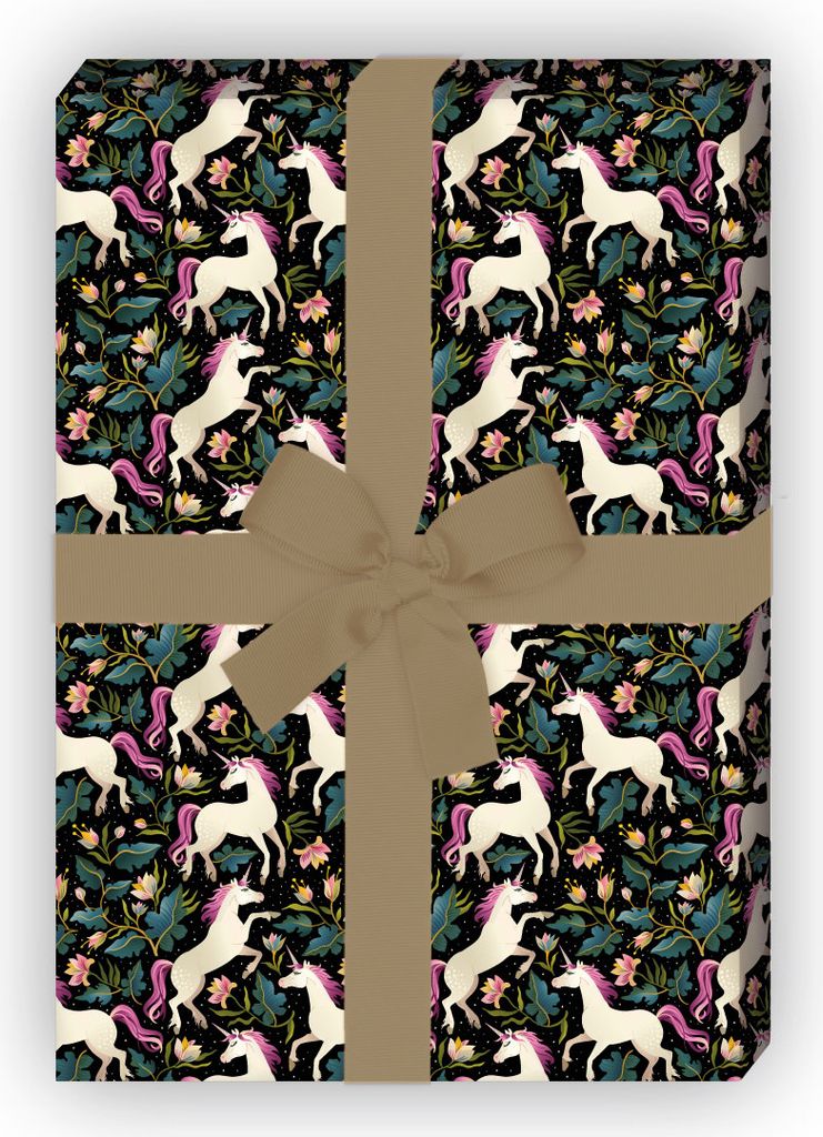 Romantik Einhorn Geschenkpapier, für kleine & große Mädchen, schwarz - G11522, 32 x 48cm