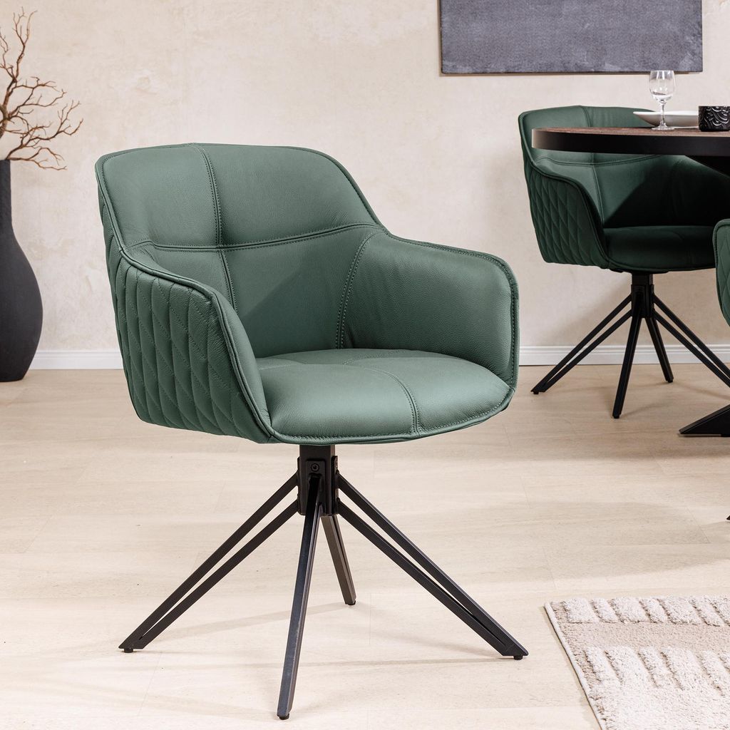 riess-ambiente Drehbarer Design Stuhl EUPHORIA grün Echtleder schwarz Metallgestell mit Armlehne