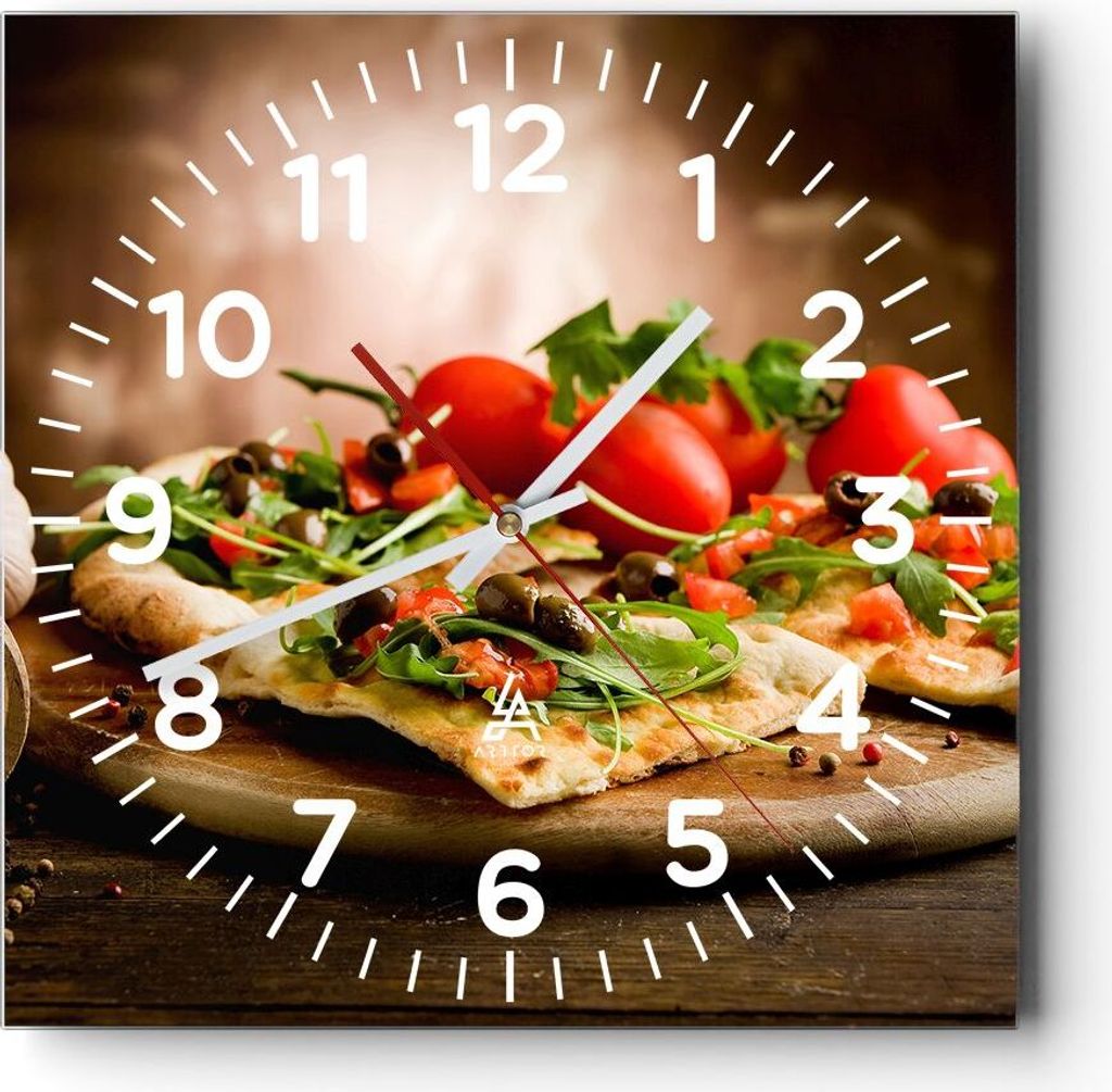 Wanduhr - Quadrat - Glasuhr - Pizza Vegetarier Italien Essen - 40x40cm - Schleichendes Uhrwerk - Lautlos - zum Aufhängen bereit - Dekoration Moder...