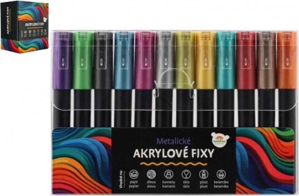Fixy akrylové metalické 12ks i na keramiku,sklo,kameny, Obrázek produktu 