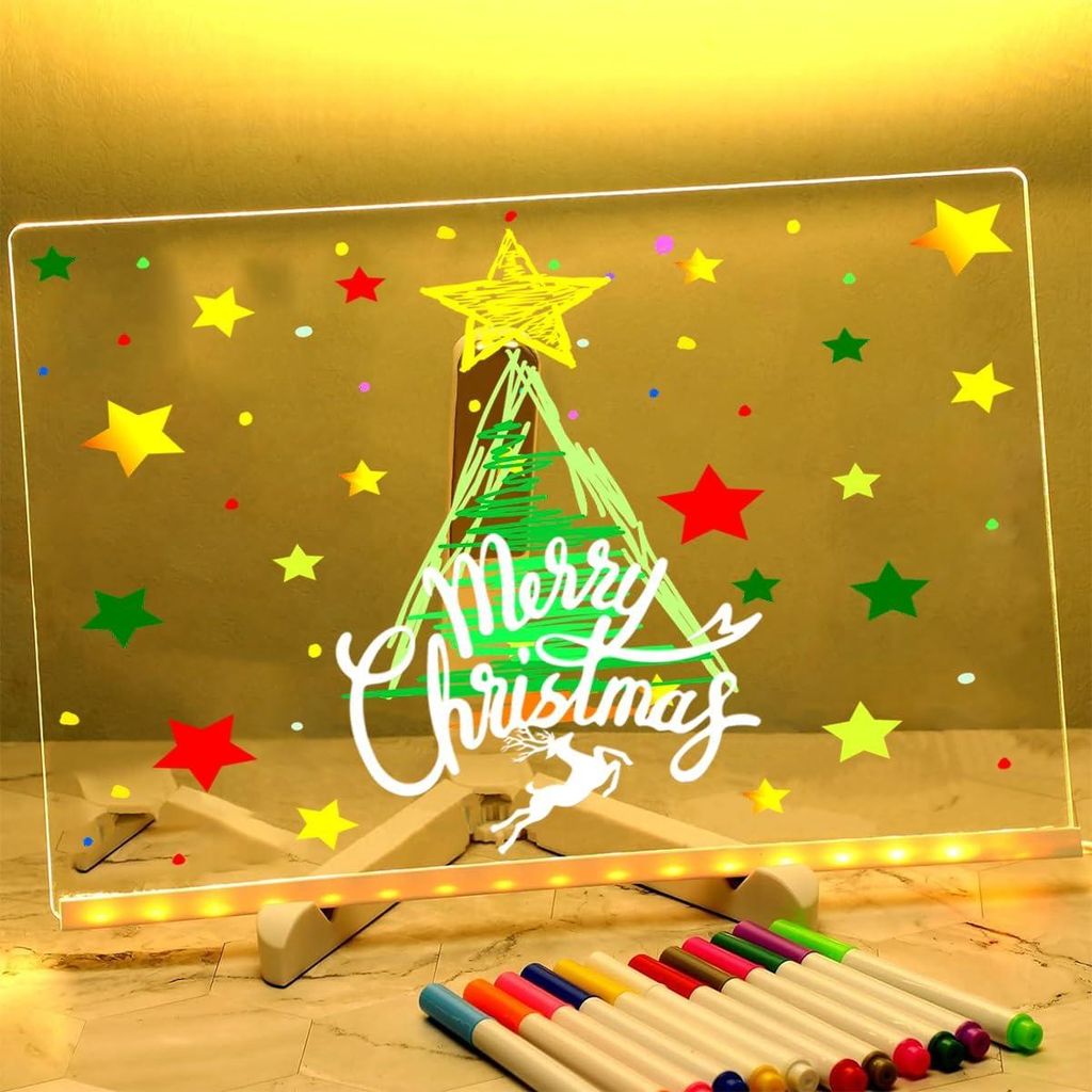 Leuchtendes LED Zeichenbrett fš¹r Kinder - 30x20 cm Acryl LED Notiztafel mit Farben, Transparente Acryl Tafel mit 7 Neon-Stifte, L?schbar Whitebo...
