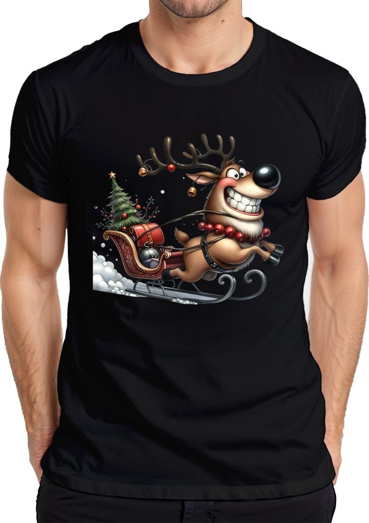 Lustiges Rentier Schlitten Weihnachten Geschenk Retro Herren T-Shirt, Schwarz, L