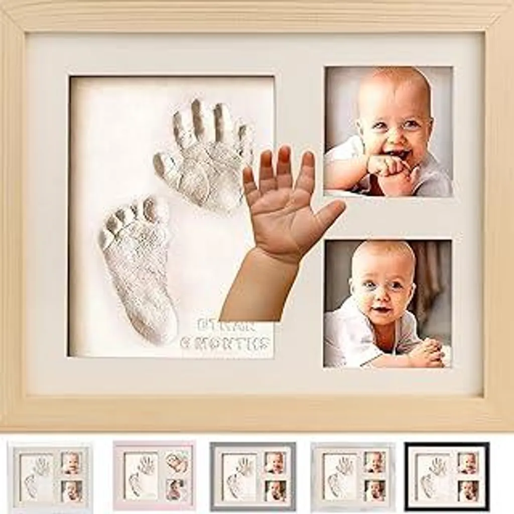 Bubzi Co Set cornice foto con impronta della mano e del piede per neonati maschi e femmine, foto incorniciate, regalo per neonati, album fotografico, scatola dei ricordi, decorazione da parete per cameretta dei bambini (legno naturale)