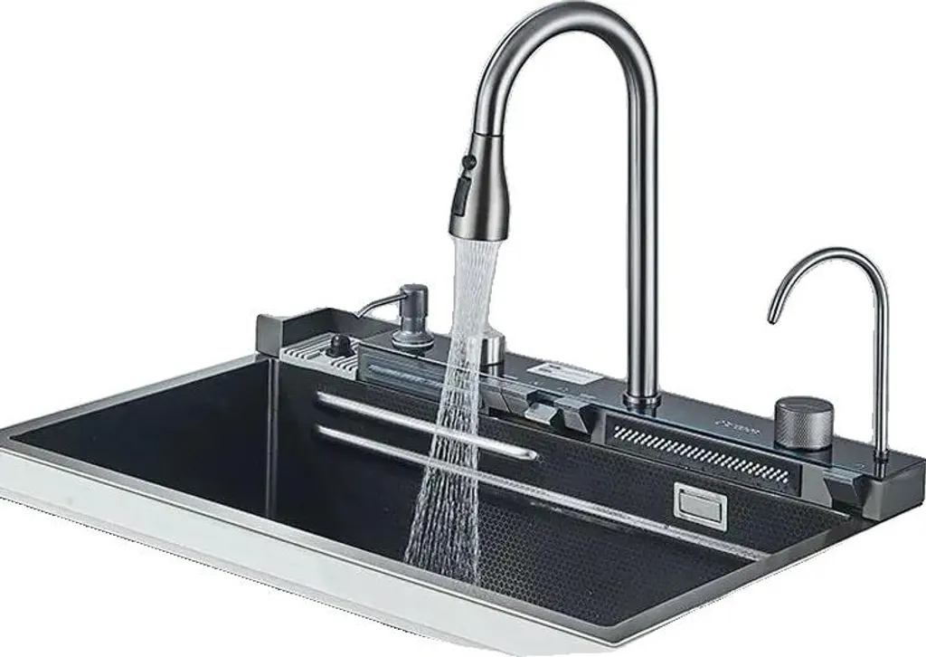 Évier de cuisine en granit noir avec robinet et distributeur de savon