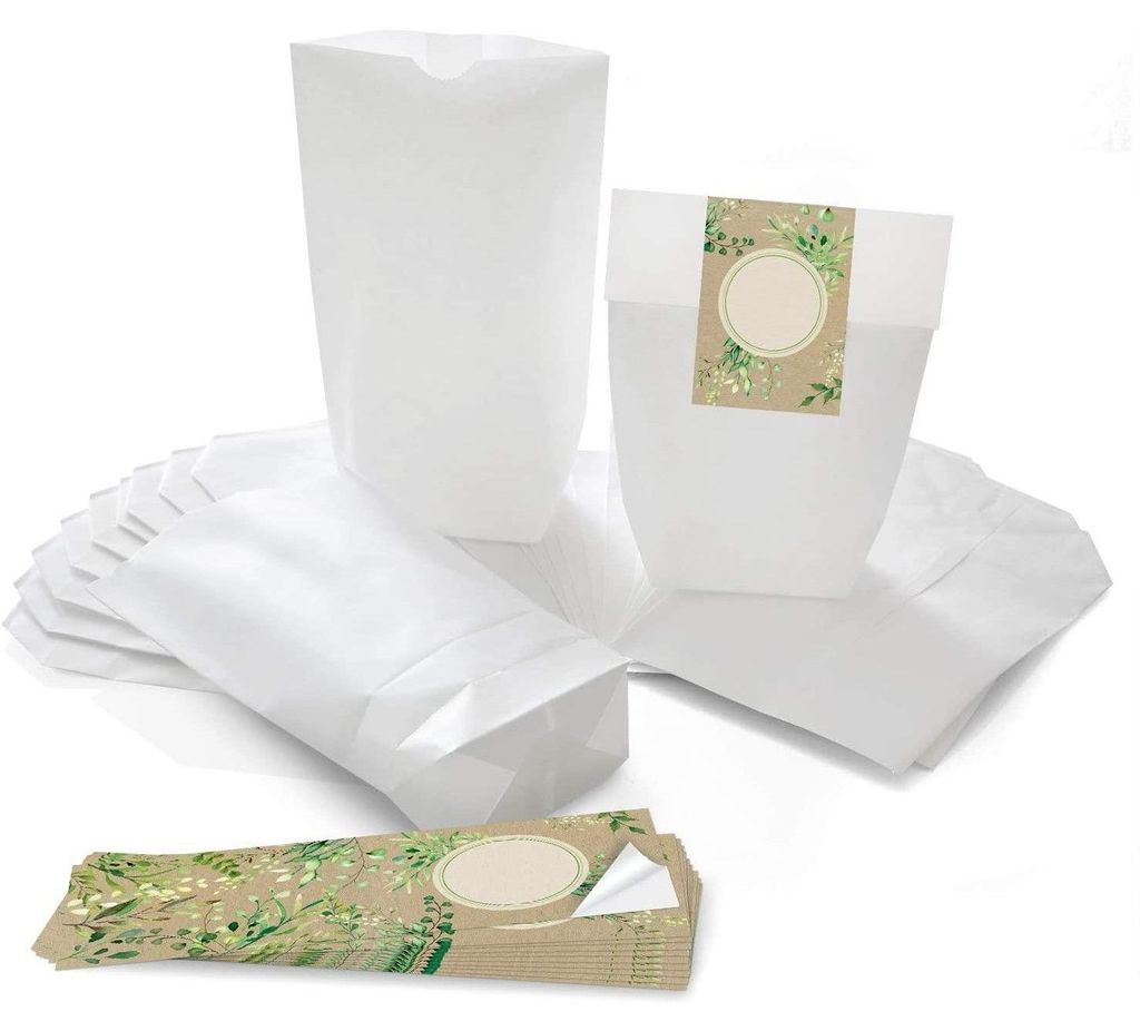 Logbuch-Verlag 50 weiße Geschenktüten Kindergeburtstag + 50 Geschenkaufkleber – Papierbeutel zum Verpacken von Geschenken Mitgebsel buntBlätte...