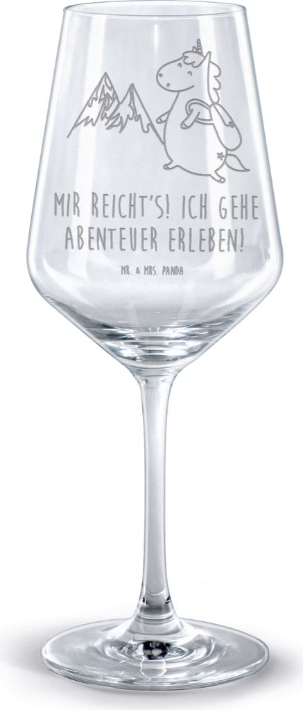 Mr. & Mrs. Panda Weinglas Einhorn Bergsteiger - Transparent - Geschenk, Rotweinglas mit Gravur, Einhörner, Kelch, Abenteuer, Weltreise, Reisen, Ro...
