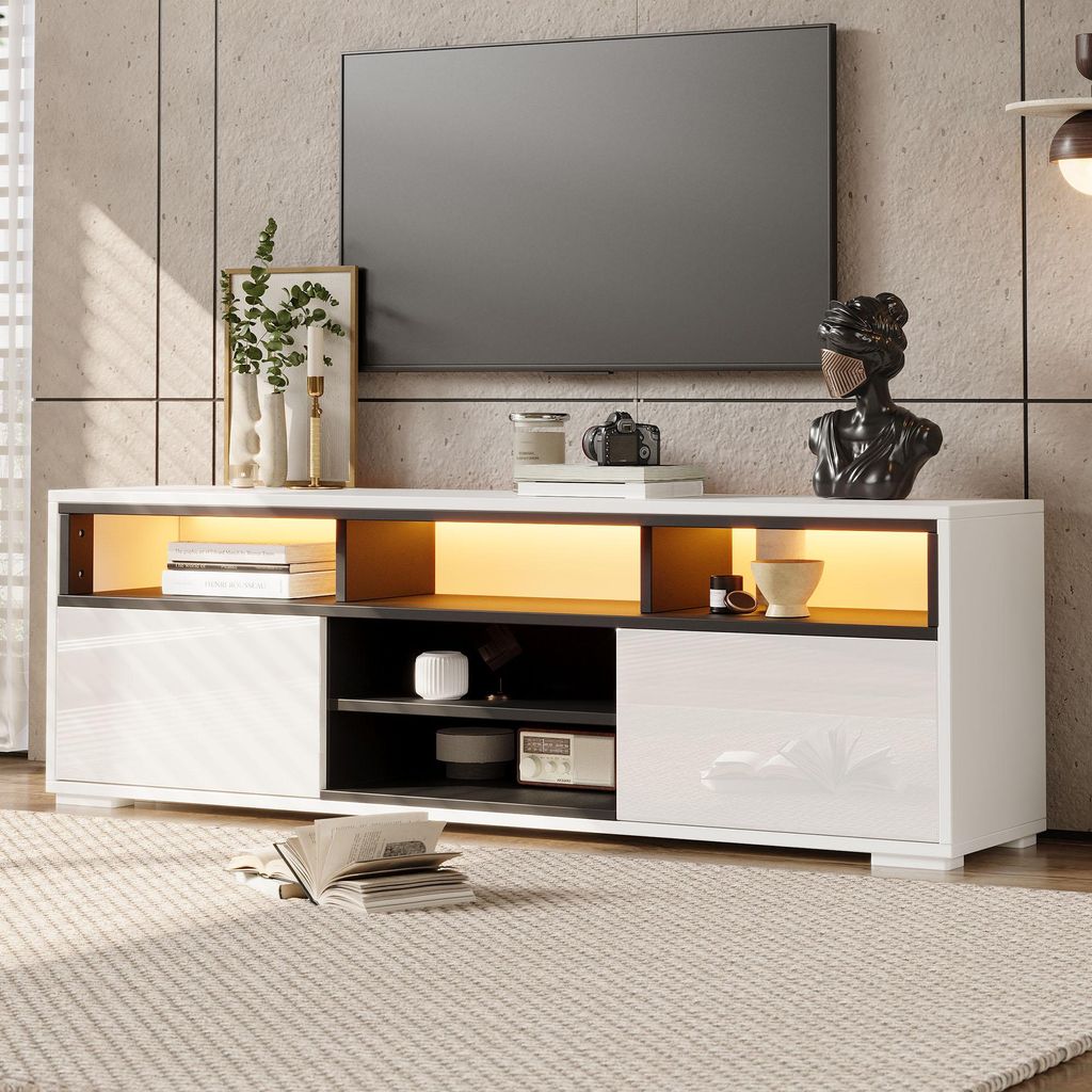 MODFU TV-Schrank Weiß,Hochglanz-Lowboard mit LED,Fernsehbank mit 2 Türen und 8 Lagerräume,Spanplatte,TV-Regal mit Stauraum für Wohnzimmer