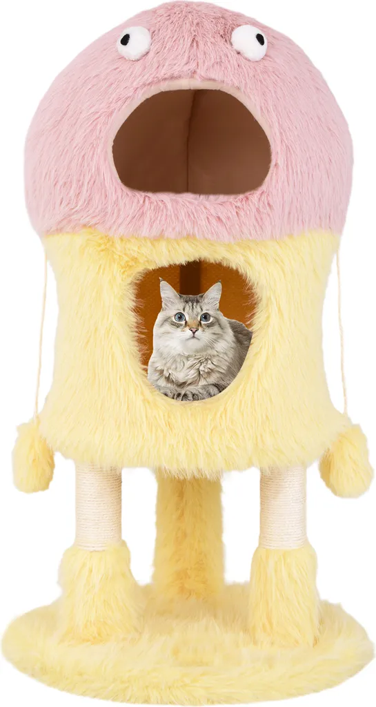 COSTWAY piccolo albero per gatti di 93 cm di altezza, tema mostri, albero per gatti con 2 grotte per gatti, tiragraffi in sisal e pallina, mobili per gatti in legno, rosa, giallo