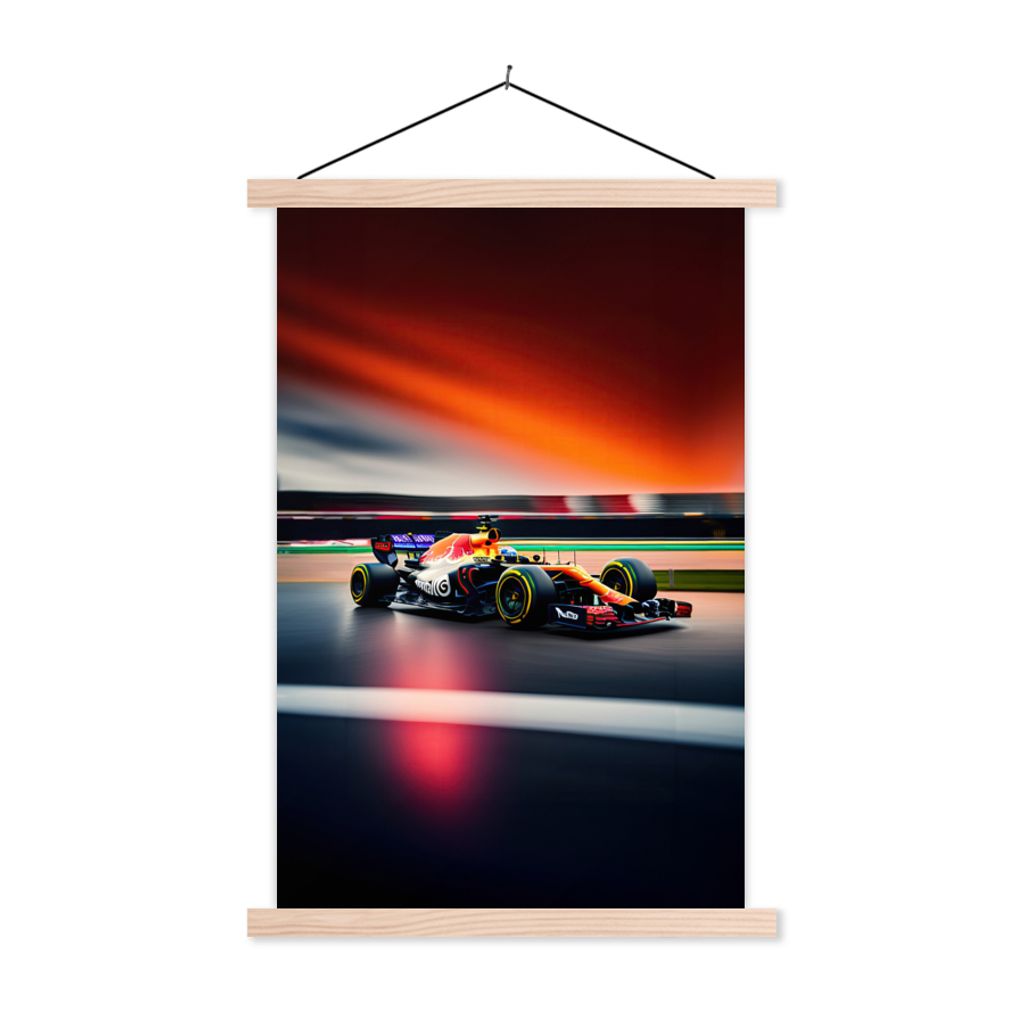 MuchoWow Textilposter Auto - Formel 1 - Rennstrecke - Rennwagen 40x60 cm mit holzfarbenen Rahmen - Poster