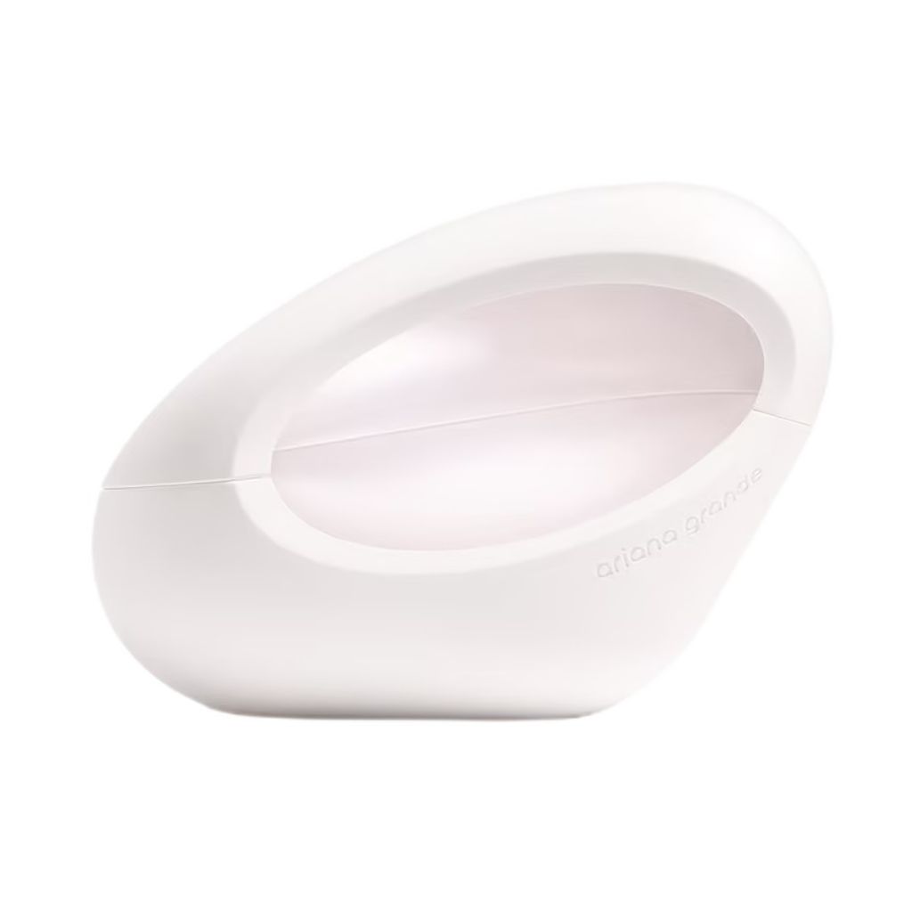 A white perfume bottle with a unique, curved shape.