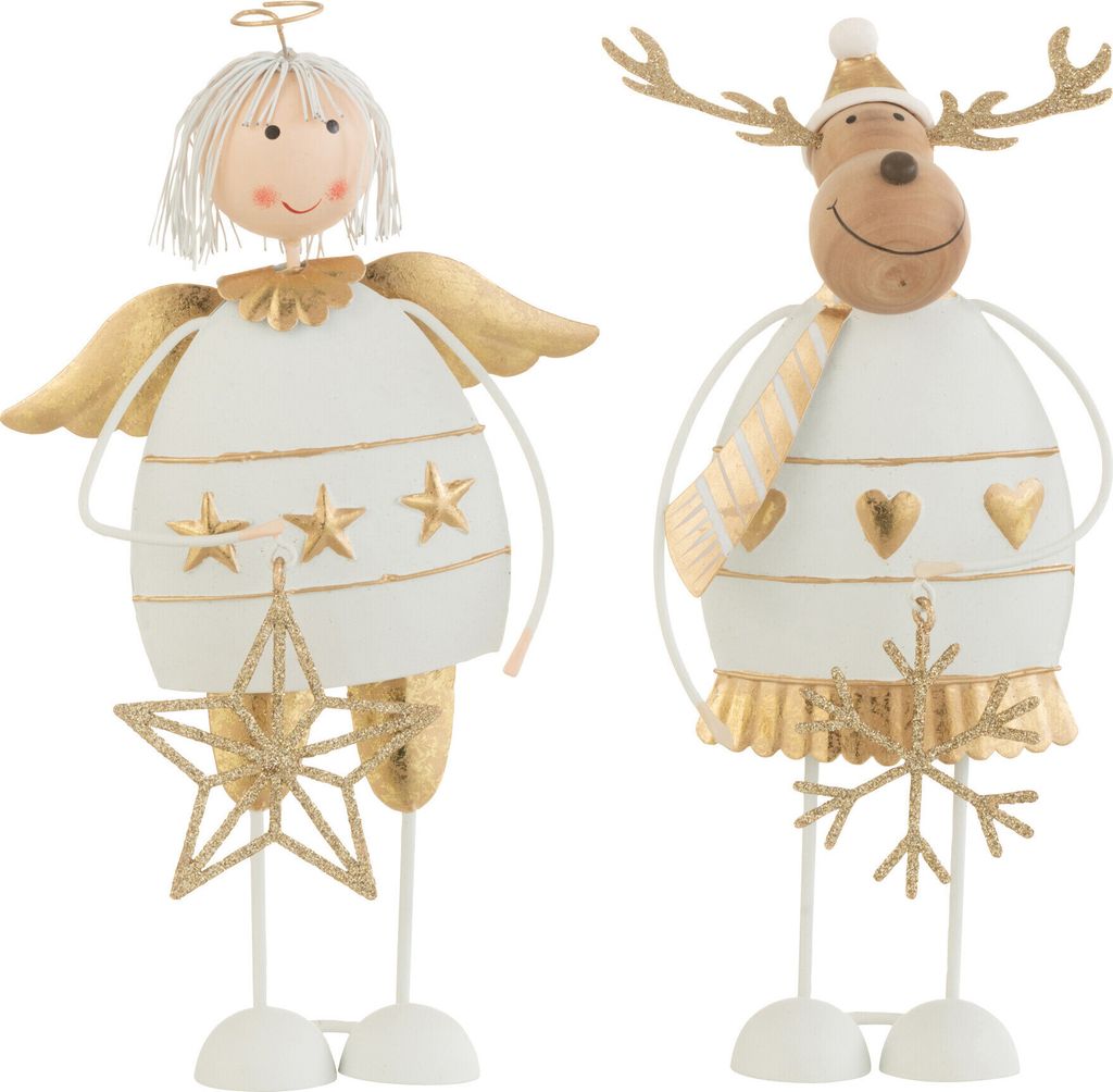 J-Line J-Line Weihnachtsfigur Engel/Rentier - Metall - Weiß/Gold - Groß - 2 Stück