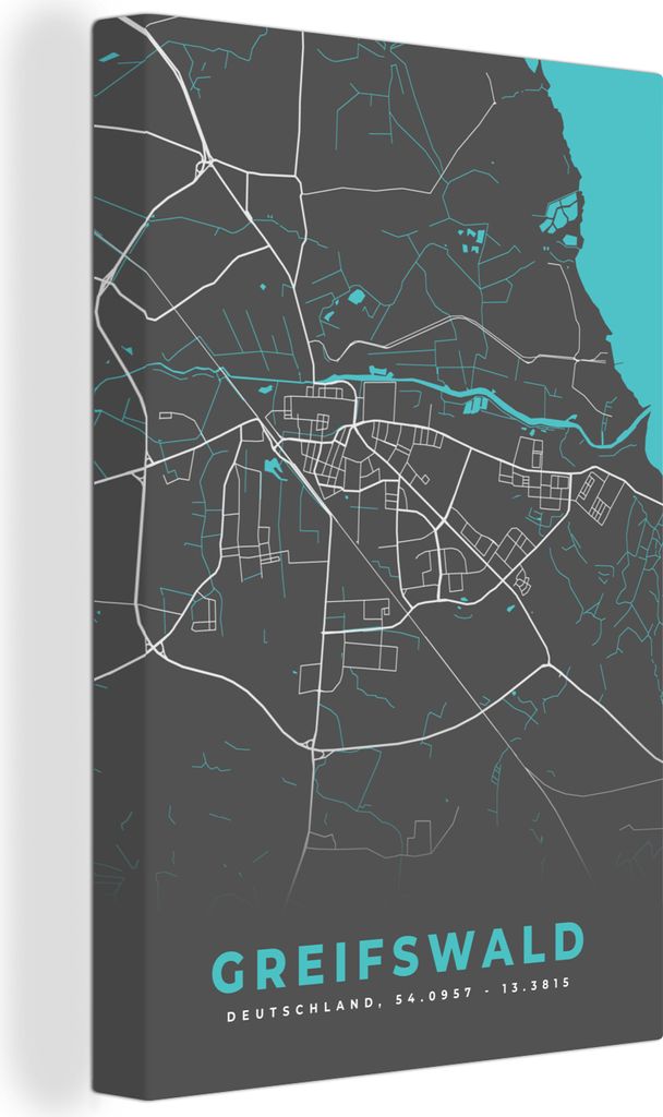 OneMillionCanvasses - Leinwandbilder - 90x140 cm, Stadtplan - Karte - Greifswald - Blau - Deutschland - Karte, Wandbilder Kunstdruck Wanddekorati...
