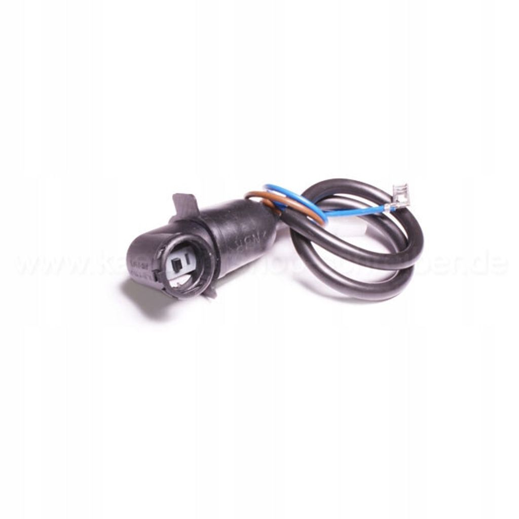 A close-up shot of a black electrical connector with wires attached, isolated on a white background.