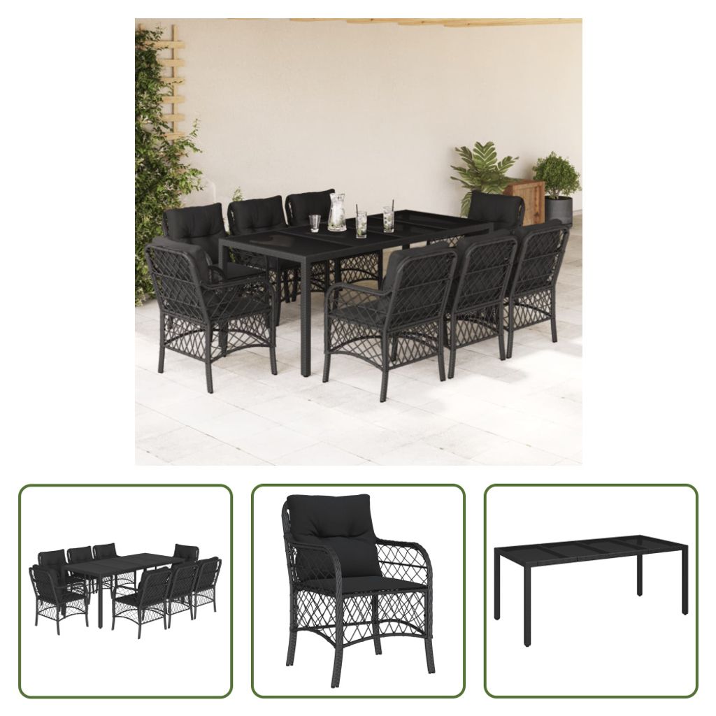 The Living Store 9-tlg. Garten-Essgruppe mit Kissen Schwarz Produktbild 