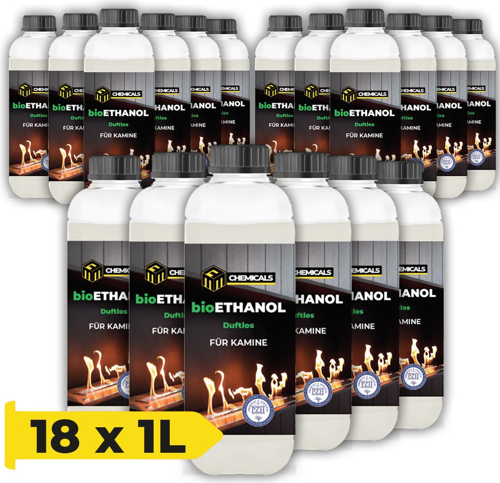 MRM CHEMICALS Bioethanol Alkohol 1L für Ethanol Kamin Tischkamin Feuerstelle, Brennstoff für Innen Außen, Geruchlos, Rauch- und Rußfrei x18