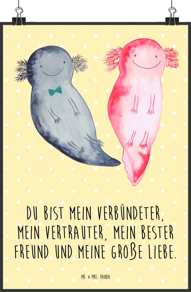Mr. & Mrs. Panda Bild Axolotl Freundin DIN A2 - Gelb Pastell - Geschenk, wanddeko, Deko, Wandbild, Valentinstag, Kunstdruck, Liebe, Paar, Posterdruck