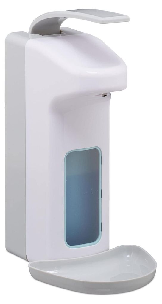 Relaxdays Eurospender, 1000 ml, Tropfschale, Armhebel, Desinfektionsmittel, Seife, Wandbefestigung, Hygienespender, weiß