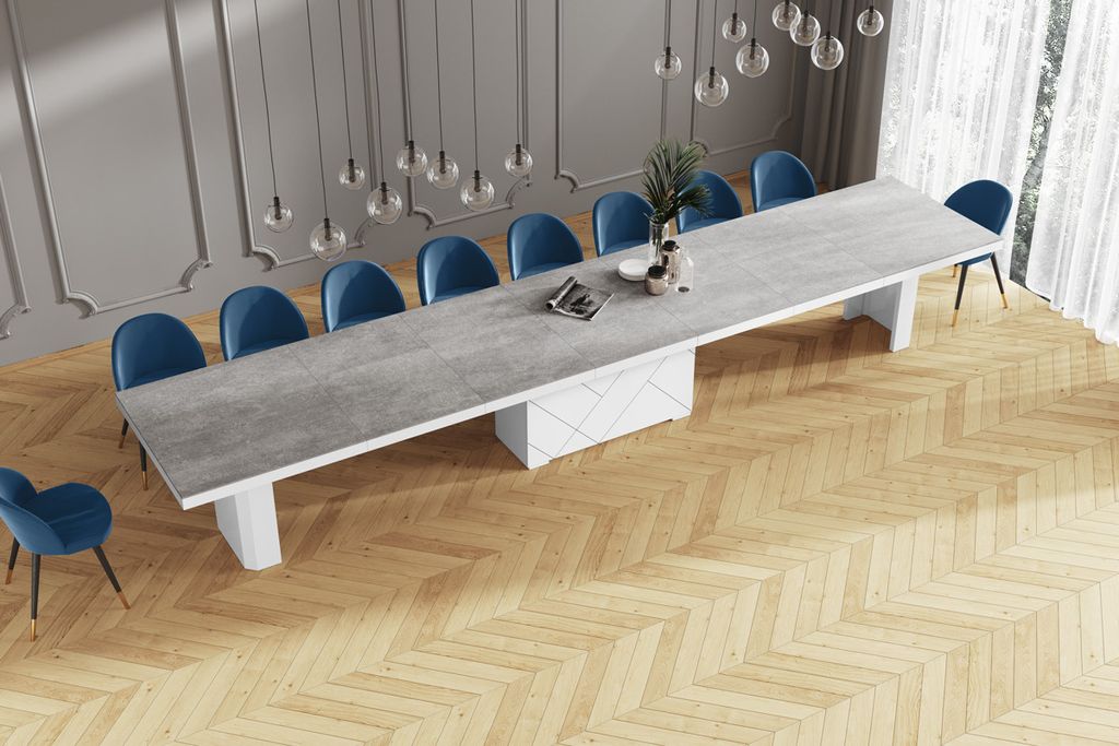 Design Esstisch Tisch HEK-111 Beton - Weiß Hochglanz XXL ausziehbar 180 bis 468 cm