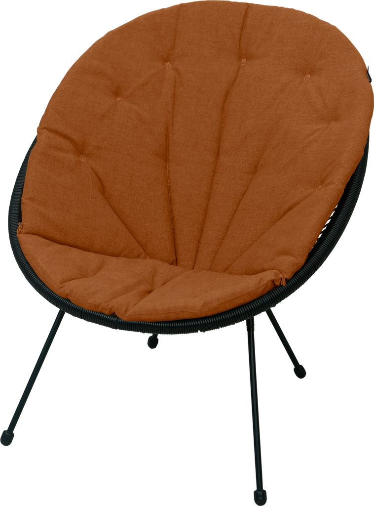 A close-up studio shot of a round, orange cushion on a black woven chair with black metal legs.