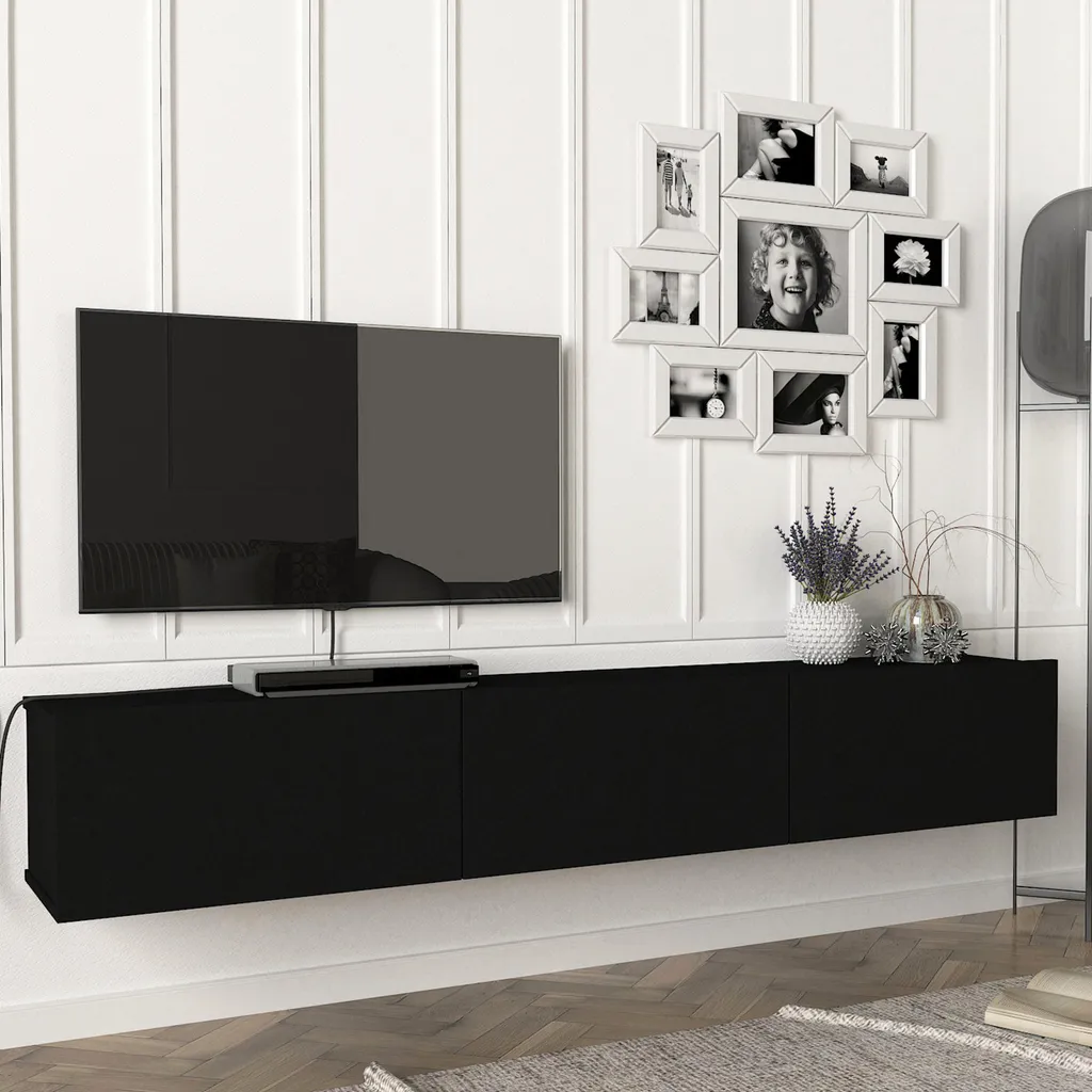 Meuble TV Vihti Noir 180 cm - Fini l'Encombrement avec ce Support Design