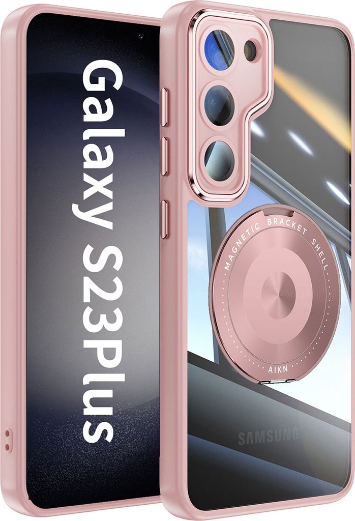 Handyhülle für Samsung Galaxy S23+ Transparent Militärschutz mit Magnetring Ständer und Kameraabdeckung Pink