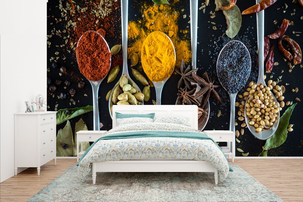MuchoWow Fototapete für Wohnzimmer oder Schlafzimmer Wandtapete Vinyl Motivtapete Gewürze - Löffel - Schwarz - Küche - 435x260 cm - Kinderzimmer