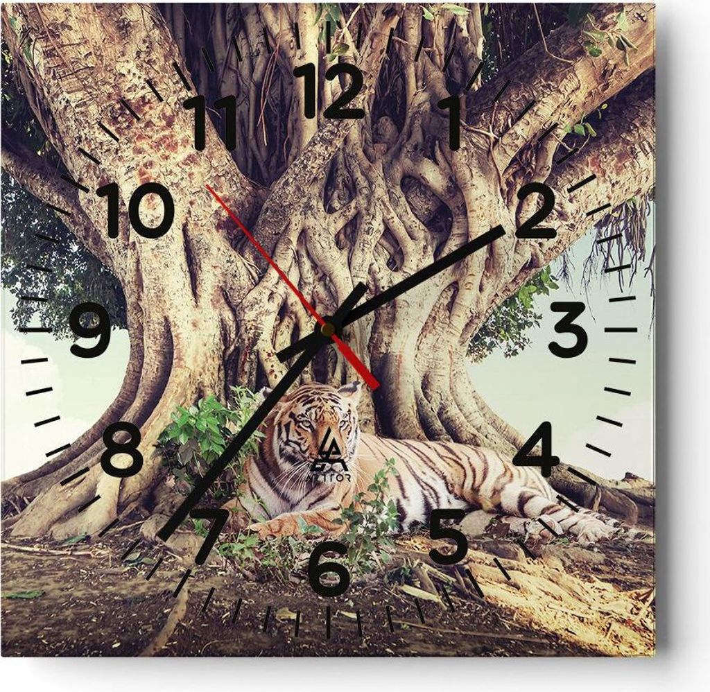 Wanduhr - Quadrat - Glasuhr - Tiger Wild Baum - 30x30cm - Schleichendes Uhrwerk - Lautlos - zum Aufhängen bereit - Dekoration Modern - Wanddekorat...