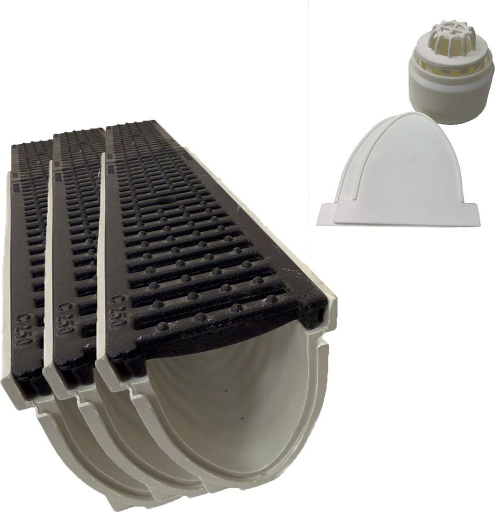 3x Xanie Entwässerungsrinne V mit Gußrost Klasse C 100cm + Ablaufanschluss-Set vertikal