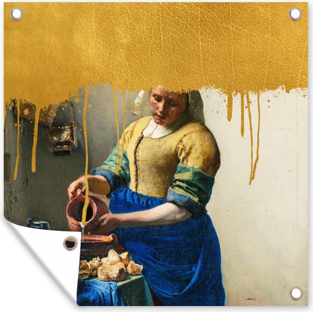 MuchoWow 50x50 cm Outdoor-Poster Gartendeko Sichtschutz Garten Poster für den Garten Milchmädchen - Gold - Vermeer