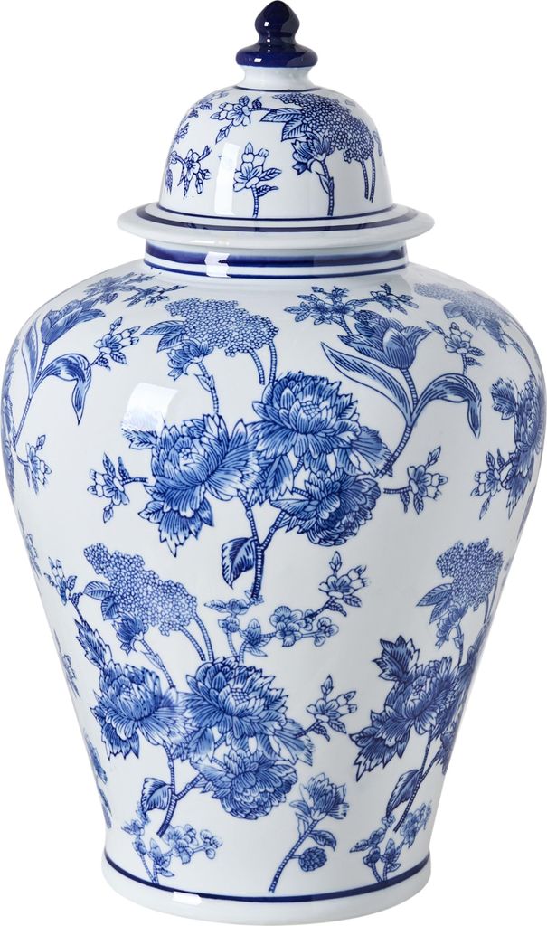 BELIANI Blumenvase mit Deckel Weiß u. Blau Porzellan 46 cm Hoch Groß Rund Handgemacht Chinesische Deckelvase Urnenvase Dekovase Keramikvase Boden...