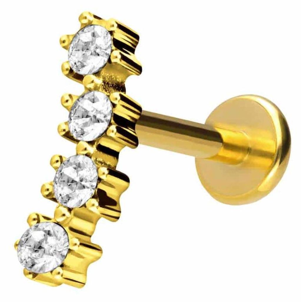 Ohrpiercing, Nasenpiercing Titan Labret mit Push Fit 4 EINGEFASSTE KRISTALLE Gold Stablänge: 10mm | Stabstärke: 1,2mm