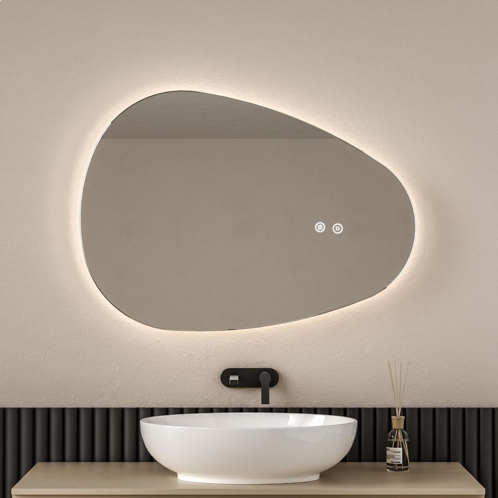 EMKE Badspiegel mit Beleuchtung 70 x 50 cm Asymmetrischer Badezimmerspiegel, Badspiegel mit 3 Lichtfarben Dimmbar, Beschlagfrei, Touch-Schalter