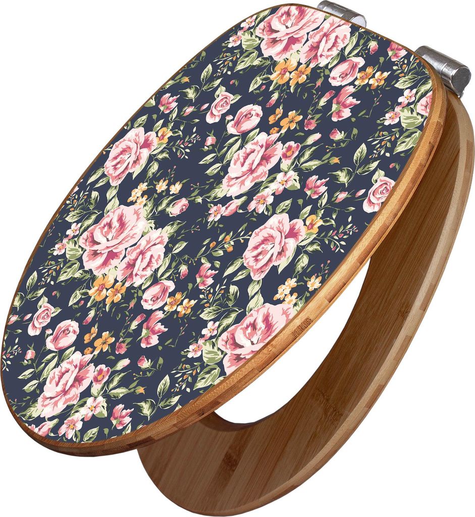 banjado Design WC Sitz Bambus Absenkautomatik -Rosen Auf Anthrazit - Toilettendeckel mit Absenkautomatik Holz/hochwertiger Bambus Klodeckel/WC-Sitz...