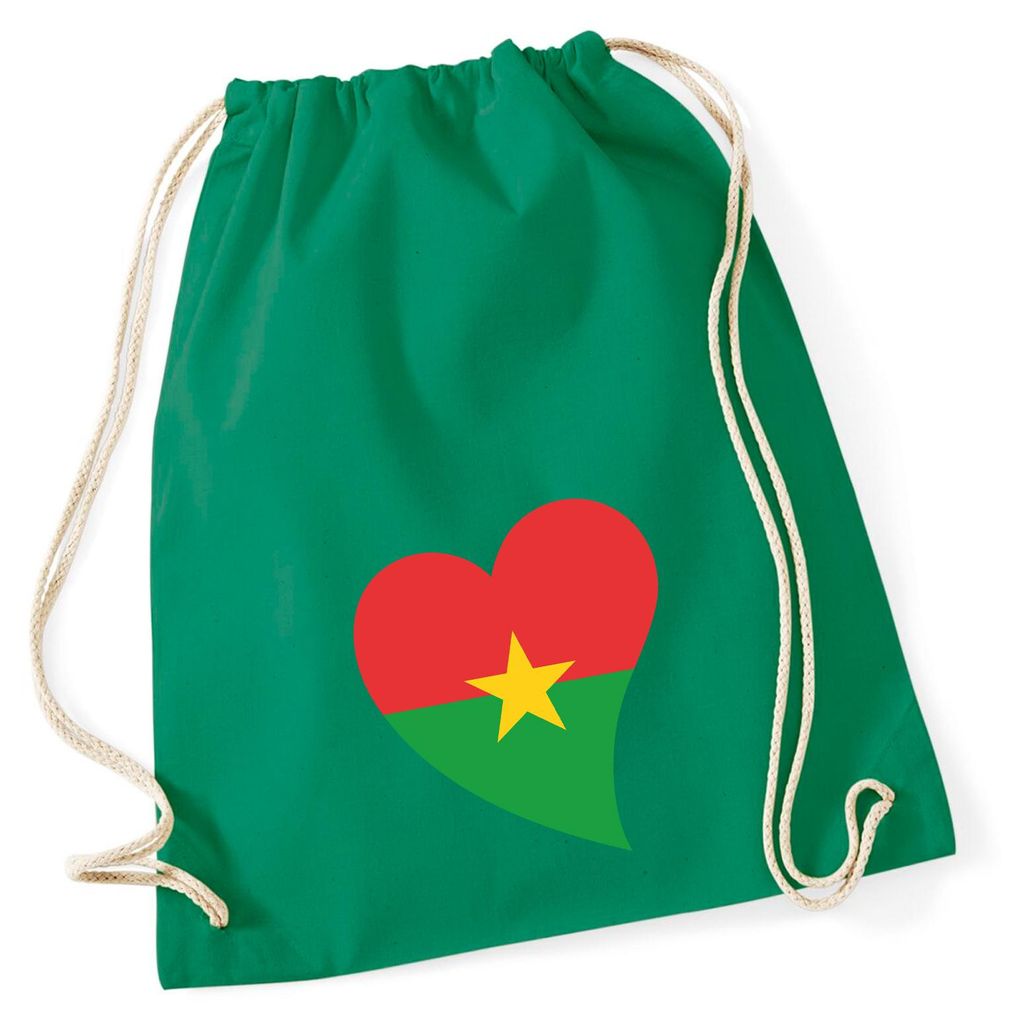 Huuraa Turnbeutel Burkina Faso Flagge Herz 12 Liter Kelly Green Baumwolle Rucksack Geschenkidee
