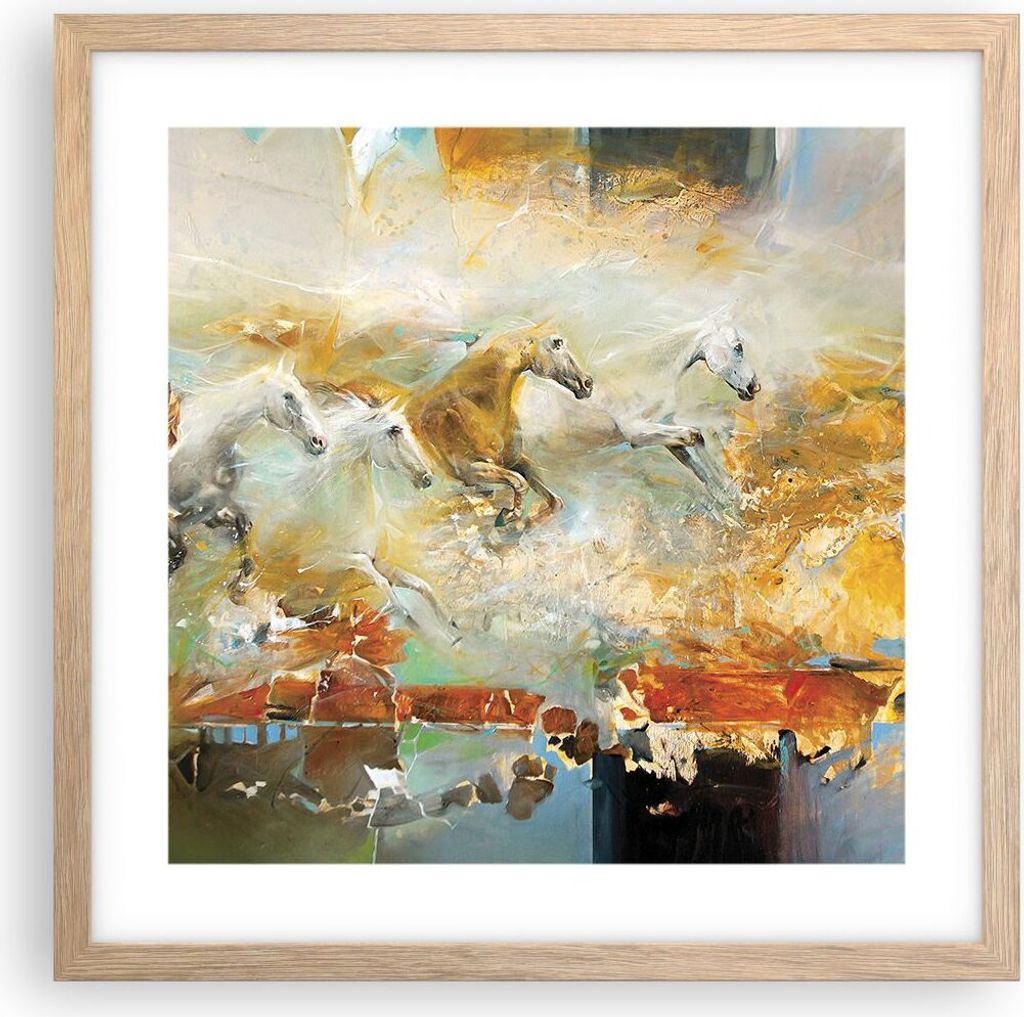 Gerahmtes Poster - Rahmen in heller Eiche - Pferde Galopp Modern - 40x40 cm - Wand Bild - Wanddeko - Wandbilder - Kunstposter - Wandposter - Bilder...