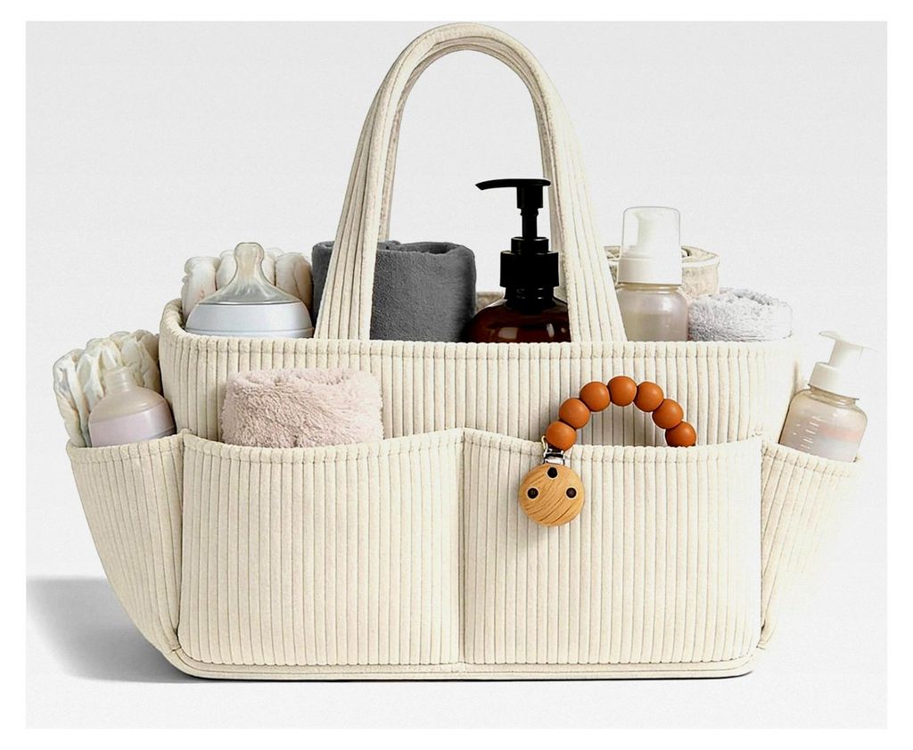 Wickelkorb Cord für Wickeltisch, Baby Windel Caddy Organizer mit Wechselbaren Fächern, Stilvoller Aufbewahrungskorb für das Kinderzimmer, Gesche...